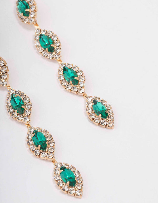 Gold Halo Green Marquise Drop Earrings