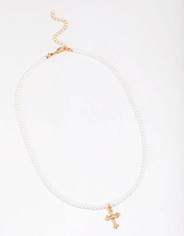 Gold Pearl Cross Pendant Necklace