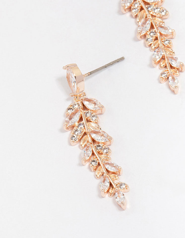Rose Gold Plated Cubic Zirconia Dainty Leaf Drop Earrings