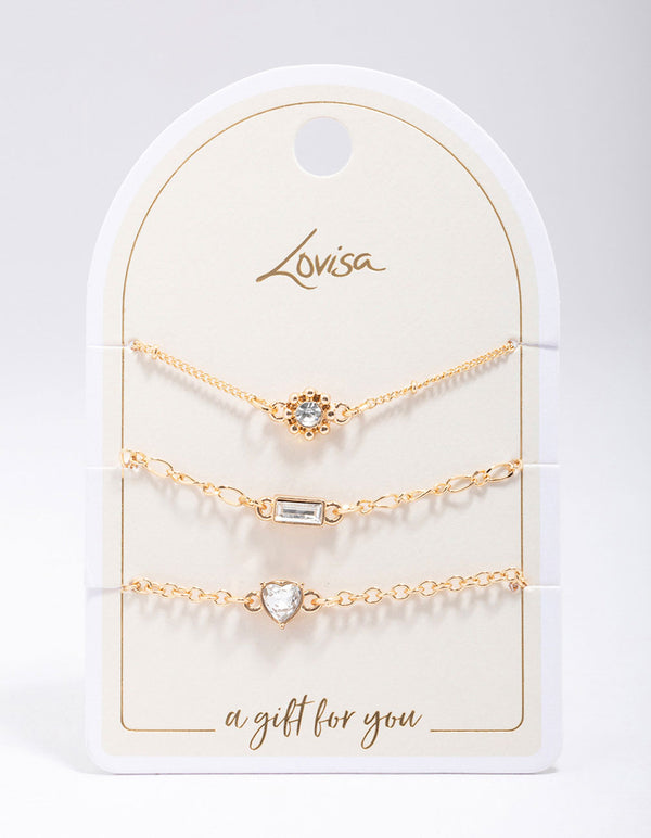 Gold Mixed Stone Diamante Bracelet 3-Pack