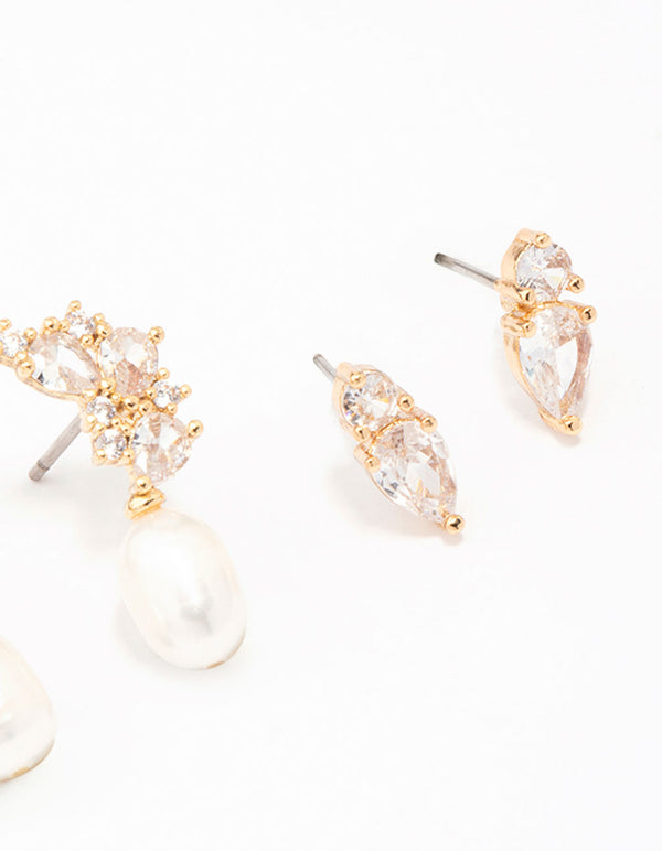 Gold Plated Cubic Zirconia Cluster & Pearl Earrings 3-Pack