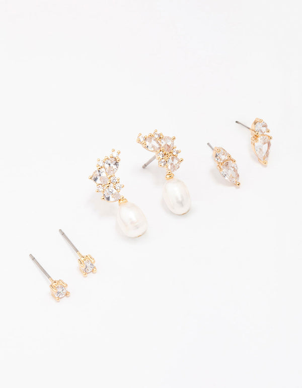 Gold Plated Cubic Zirconia Cluster & Pearl Earrings 3-Pack