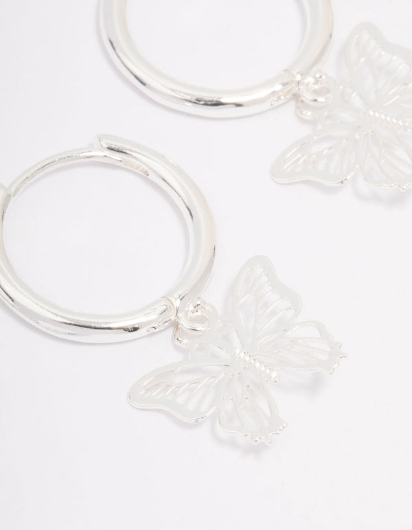 Silver Plated Filigree Butterfly Hoop Earrings