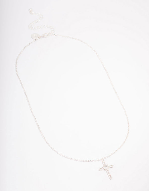 Silver Plated Cubic Zirconia Baguette Cross Pendant Necklace