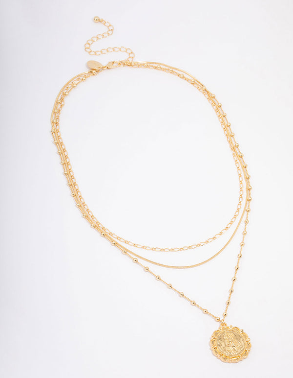 Gold Plated Large Coin Triple Layered Necklace