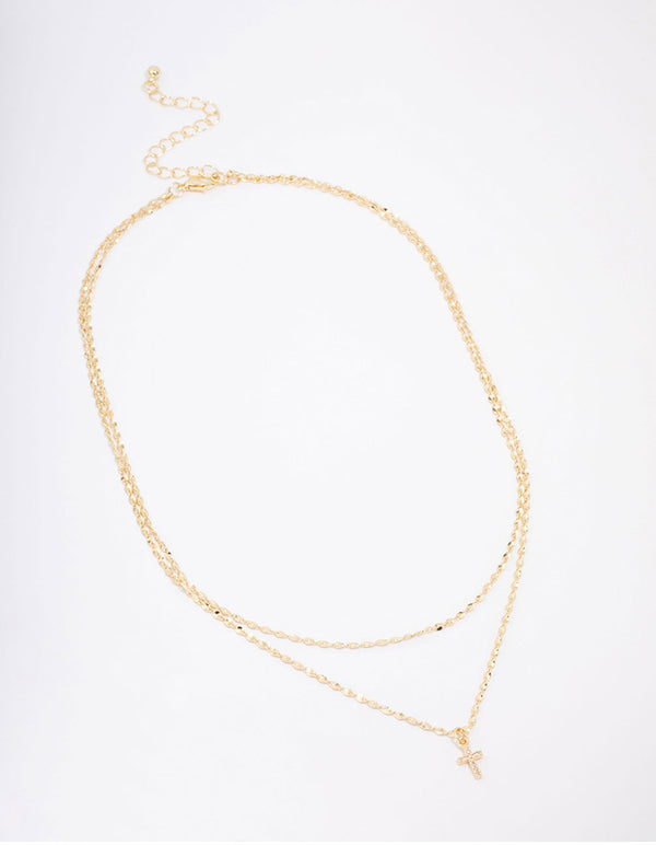 Gold Plated Cubic Zirconia Fine Cross Layered Necklace