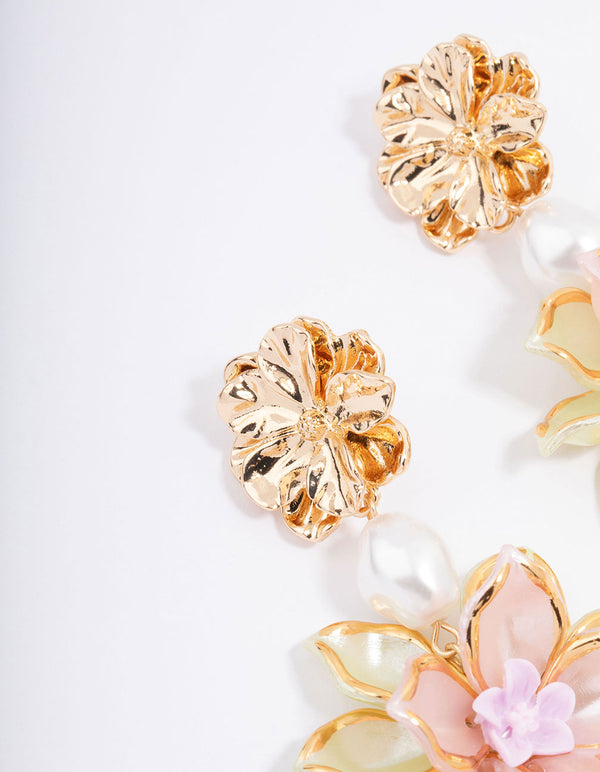 Gold Vintage Flower Pearl Drop Earrings