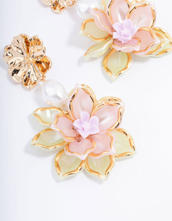 Gold Vintage Flower Pearl Drop Earrings