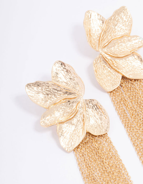 Gold Textured Flower Cupchain Drop Earrings
