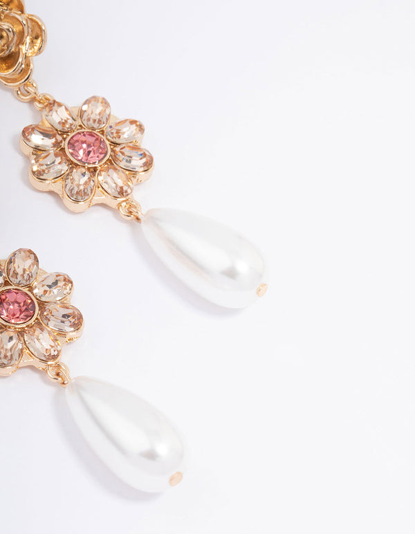 Gold Ornate Flower & Pearl Drop Earrings