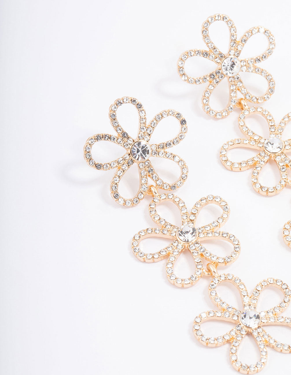 Gold Triple Row Diamante Flower Drop Earrings