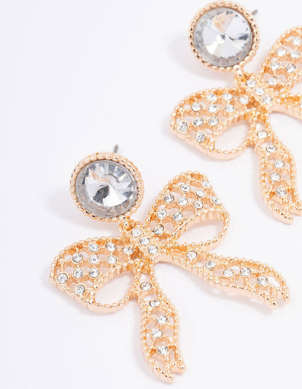 Gold Diamante Bow Drop Earrings