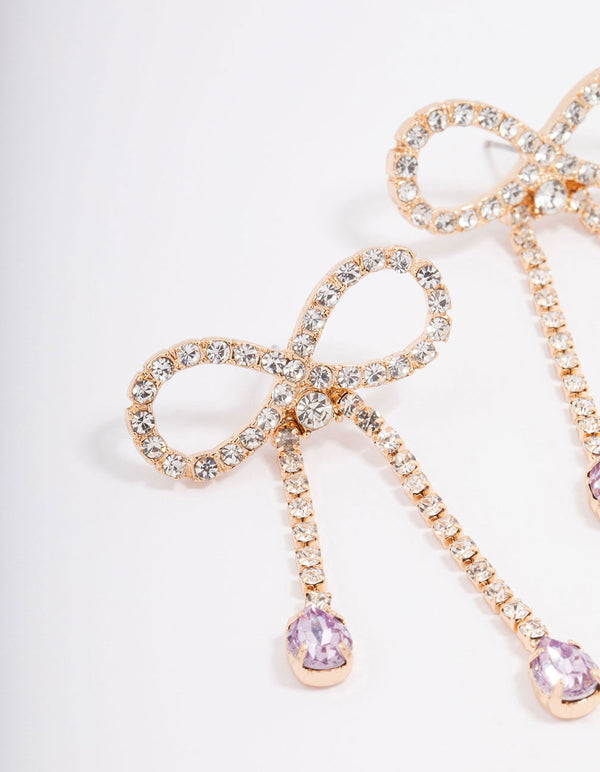 Gold Bow Teardrop Lilac Stone Drop Earrings