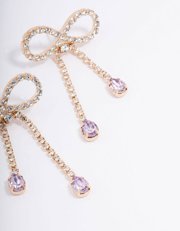 Gold Bow Teardrop Lilac Stone Drop Earrings