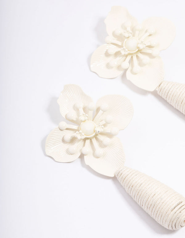 Cream Flower Wrapped Teardrop Earrings