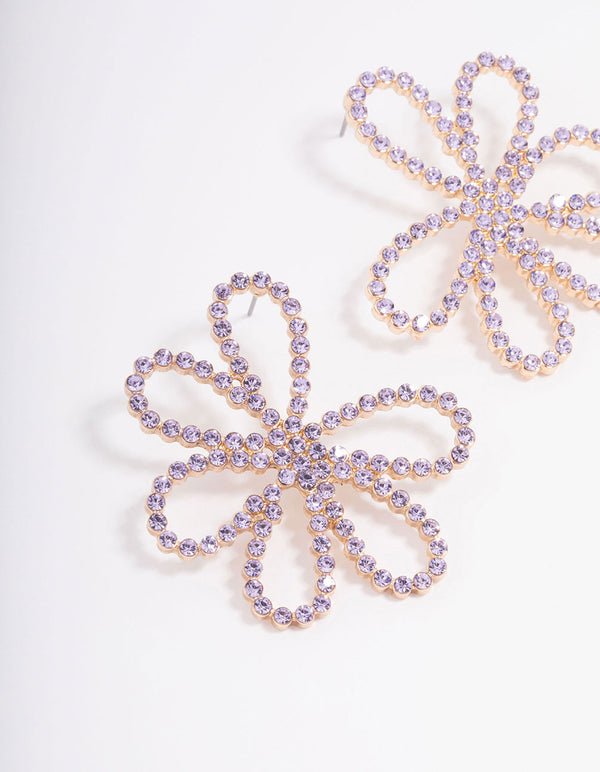 Gold & Lilac Diamante Flower Stud Earrings