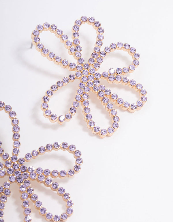 Gold & Lilac Diamante Flower Stud Earrings