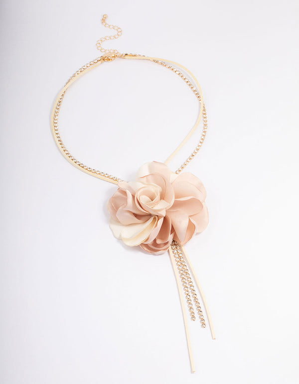 Fabric Flower Diamante Cord Lariat Necklace