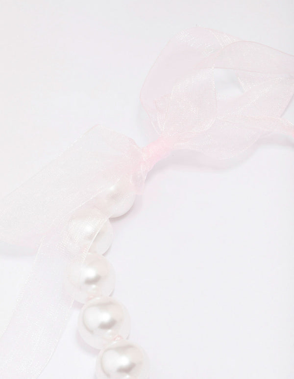 Large Pearl & Pink Chiffon Tie Statement Necklace
