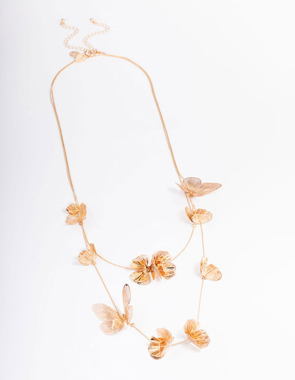 Gold Stone Flower Butterfly Layered Necklace