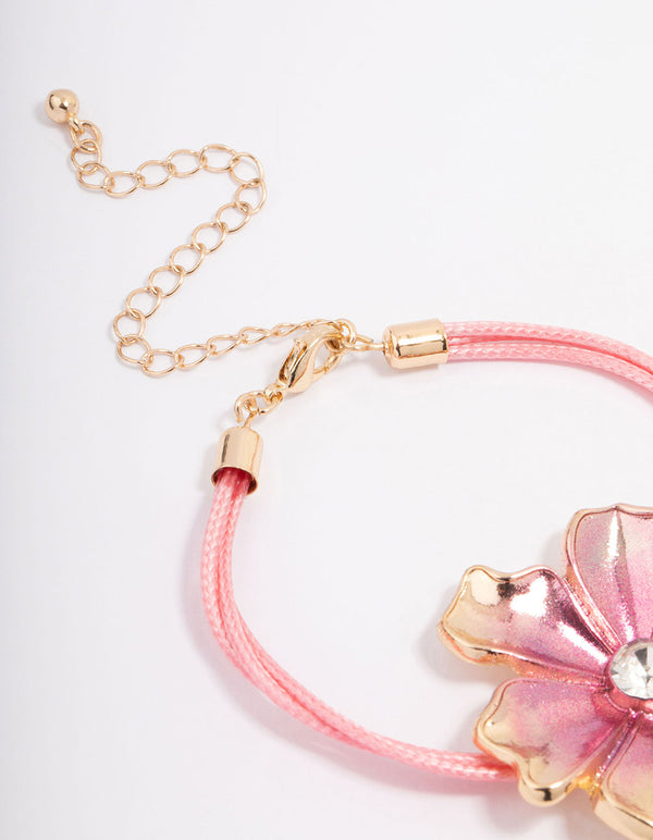 Pink Fabric Wrapped Cord Multi Flower Bracelet
