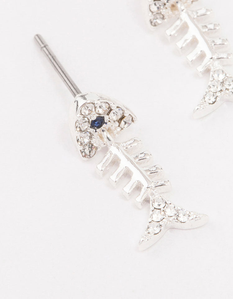 Silver Skeleton Fish Stud Earrings