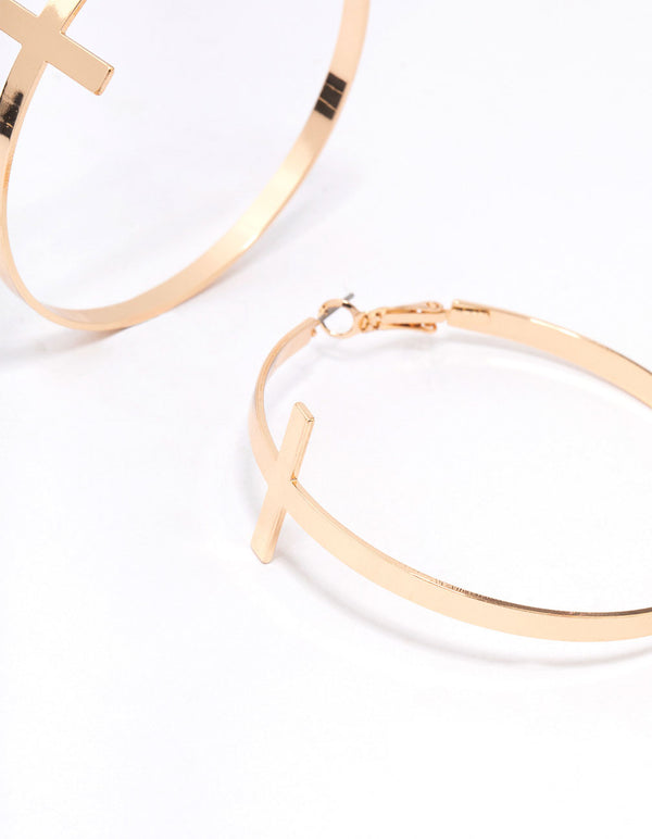 Gold Large Cross Hoop Earrings