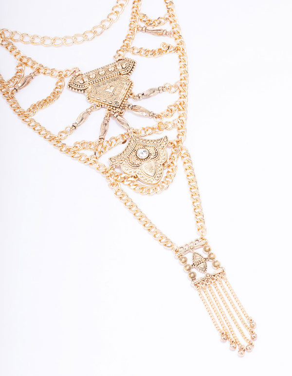Gold Elaborate Detailed Chain Statement Necklace