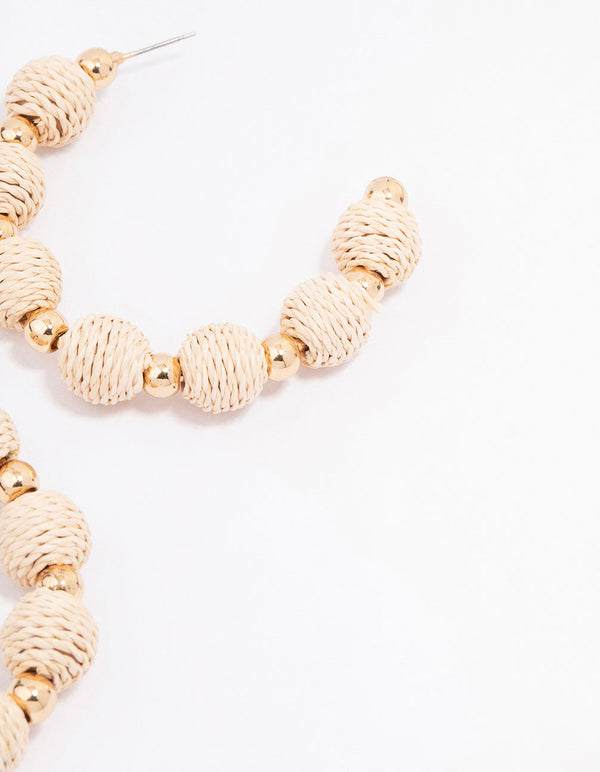 Gold Ball Raffia Large Hoop Earrings