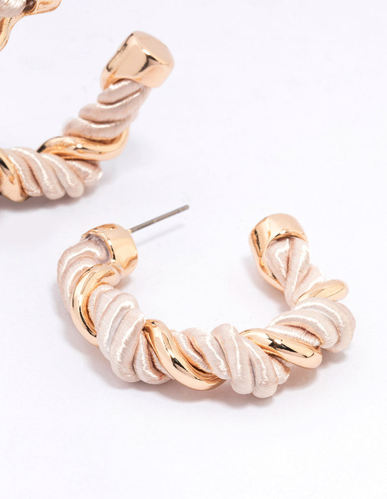 Gold Fabric Twisted Fabric Hoop Earrings