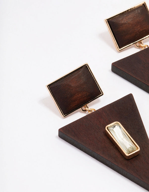 Wooden Triangular Diamante Drop Earrings
