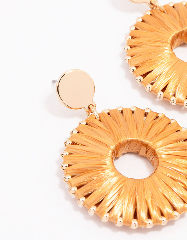Gold Orange Raffia Circle Drop Earrings