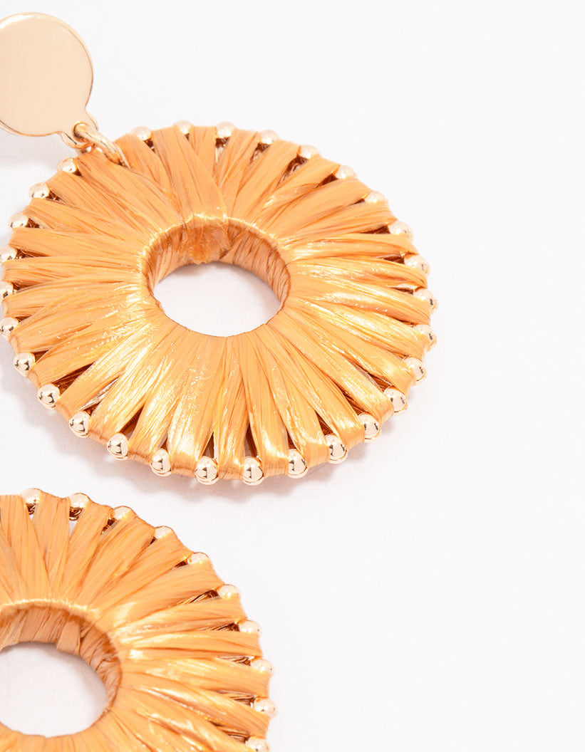 Gold Orange Raffia Circle Drop Earrings