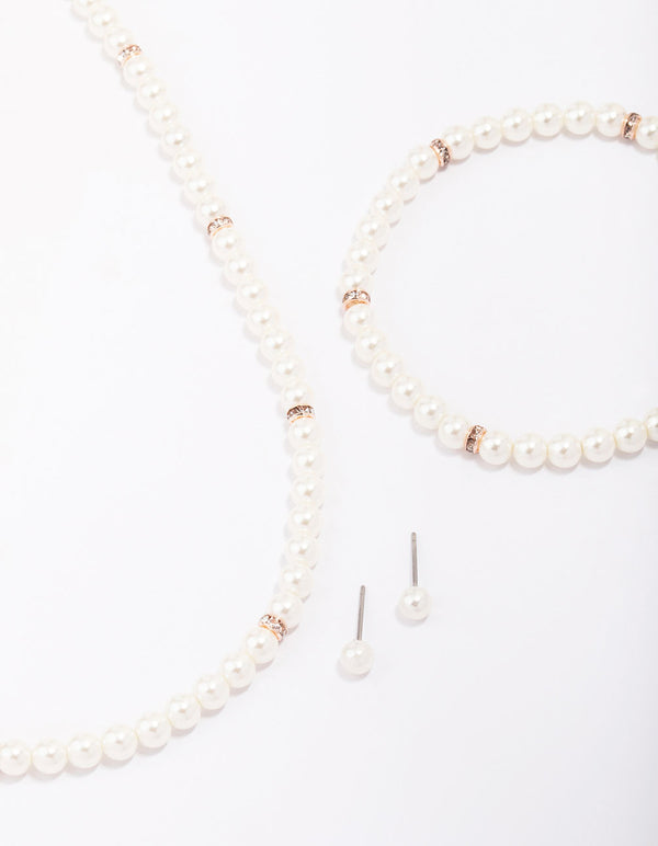 Rose Gold Pearl Necklace, Earrings & Bracelet Set