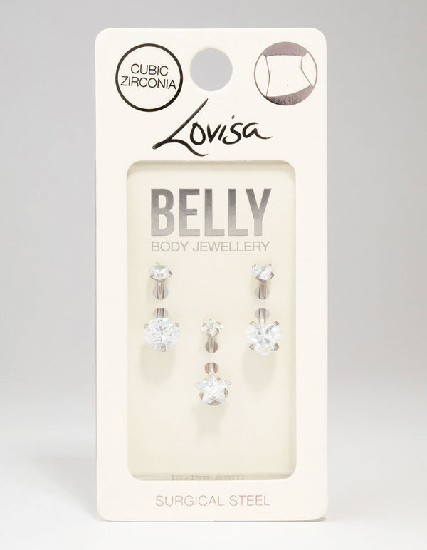 Surgical Steel Star & Heart Crystal Belly Piercing 3-Pack