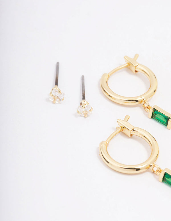 Gold Plated Emerald Cubic Zirconia Earring 3-Pack