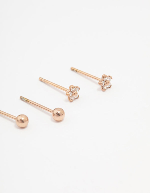 Rose Gold Plated Surgical Steel Ball & Flower Stud Earring Pack