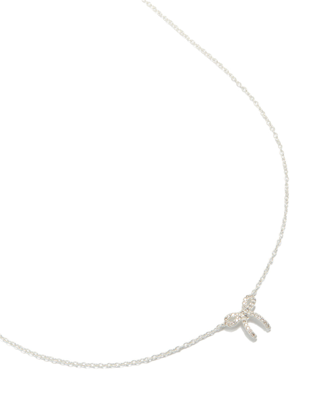 Showcasing a sterling silver cubic zirconia bow pendant necklace with dainty in silver front view