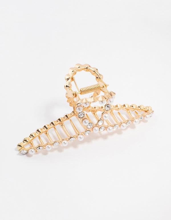 Gold Plated Diamante & Pearl Twisted Claw Clip