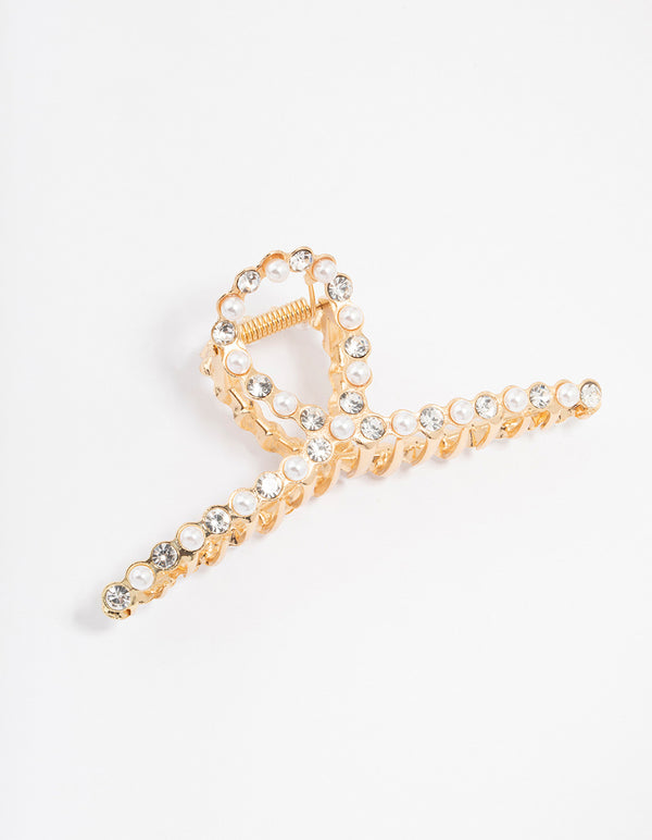 Gold Plated Diamante & Pearl Twisted Claw Clip