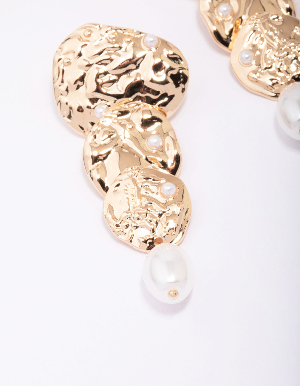 Gold Molten Pearl Drop Earrings