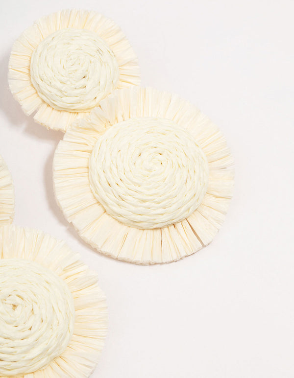 White Raffia Round Graduating Drop Earrings