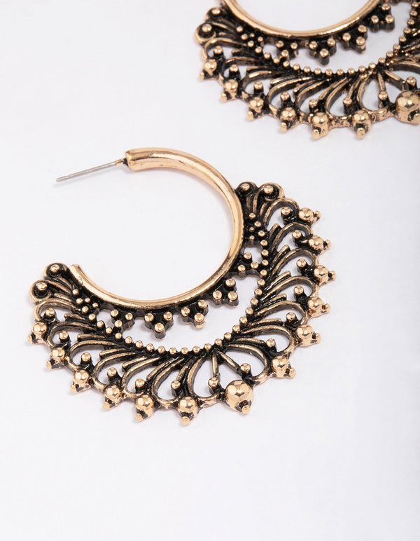 Antique Gold Medium Detailed Hoop Earrings