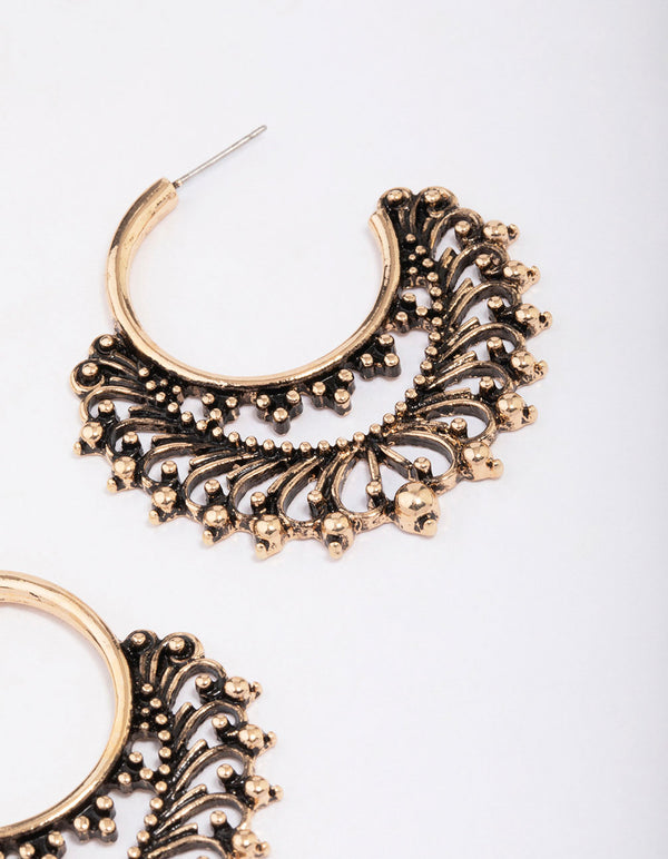 Antique Gold Medium Detailed Hoop Earrings