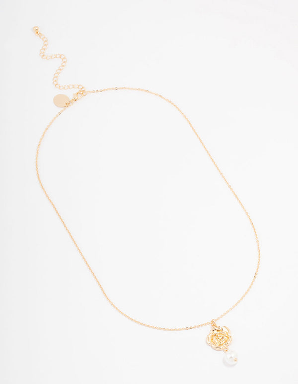 Gold Rose Pearl Pendant Necklace