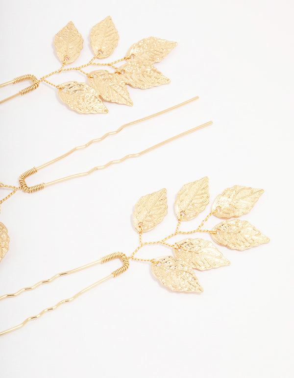 Gold Metal Leaf Hair Pin 3-Pack
