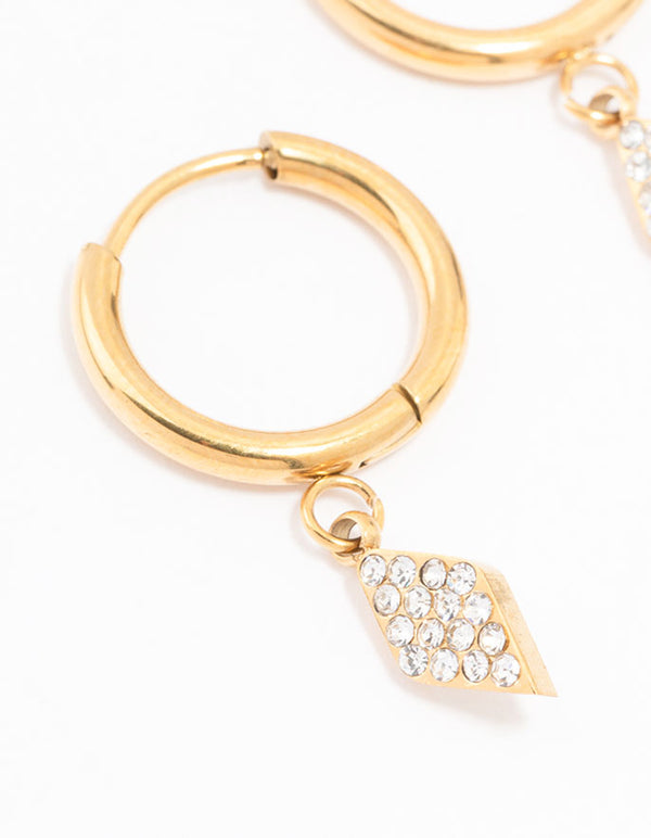 Gold Plated Surgical Steel Pave Diamante Charm Huggie Earrings