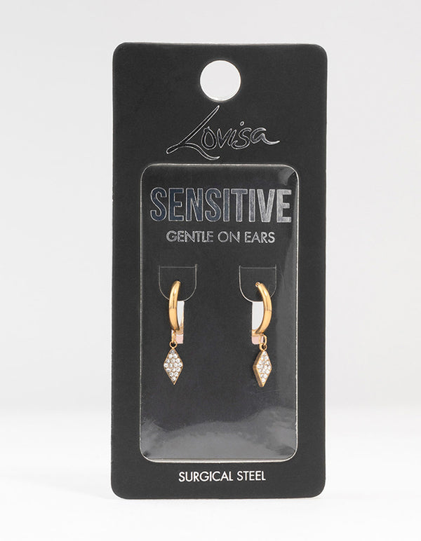 Gold Plated Surgical Steel Pave Diamante Charm Huggie Earrings