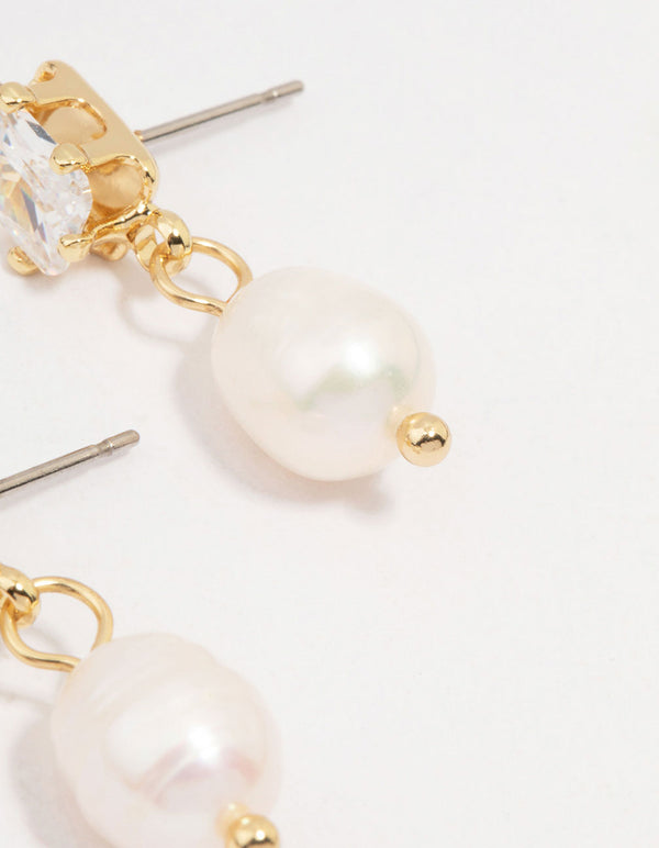 Gold Plated Emerald-Cut Crystal & Pearl Drop Earrings