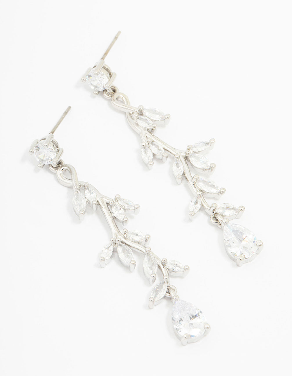Showcasing silver cubic zirconia vine leaf drop earrings with clear stones in a front view